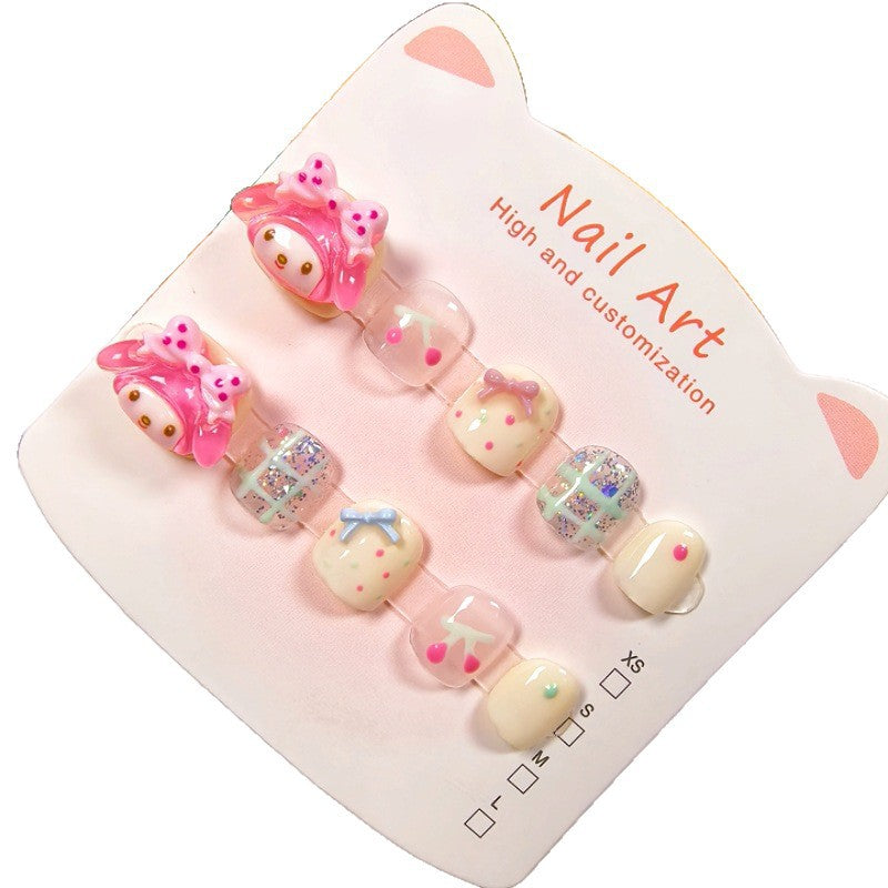 Melody Pink Cute Kids Press On Nails with Bow Glitter