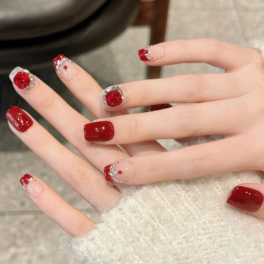 365nails: "Crimson Bloom" – 3D Floral Rhinestone Handmade Short Square Nails