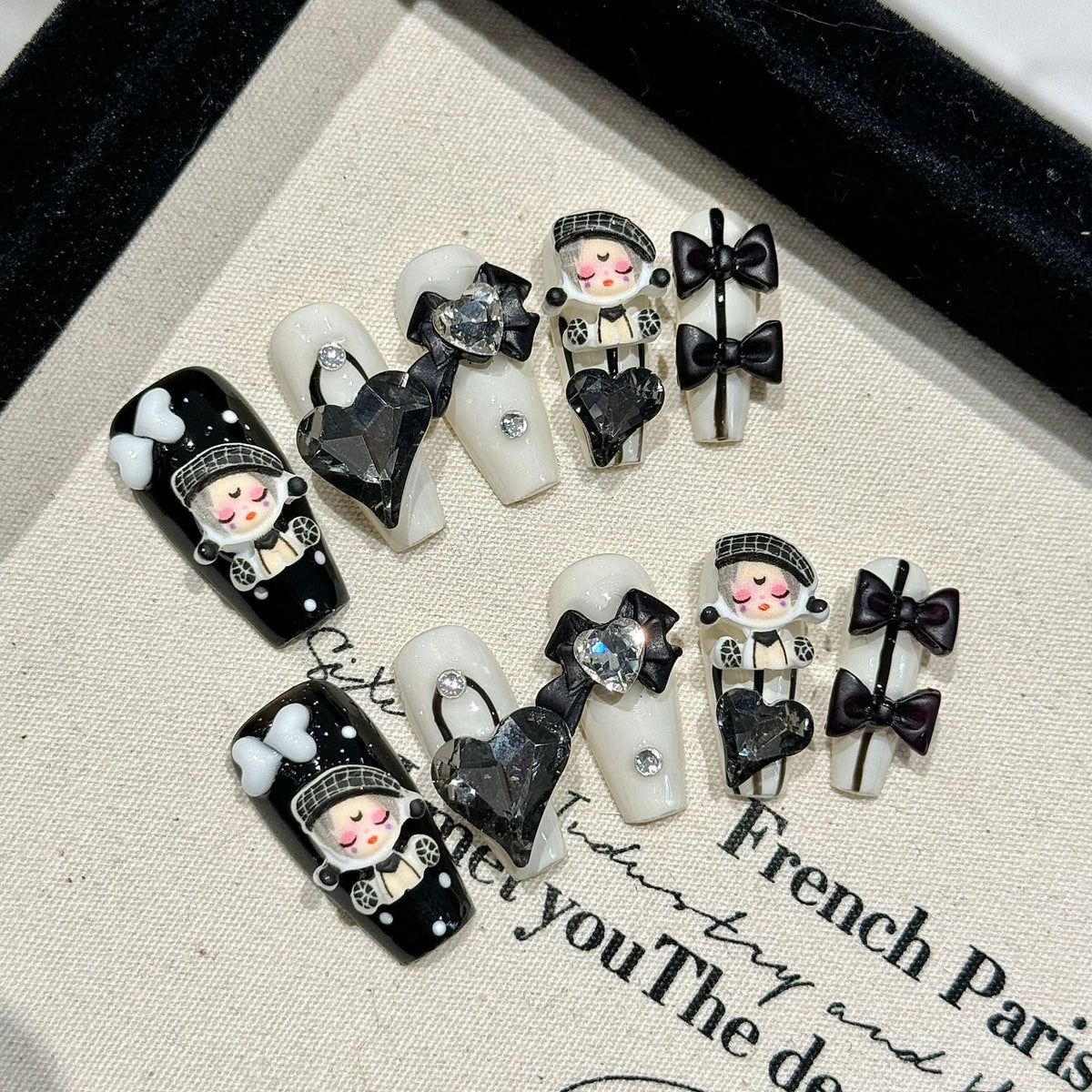 365nails: "Dark Pop Queen" – 3D Doll & Heart Charm Handmade Medium Coffin Nails