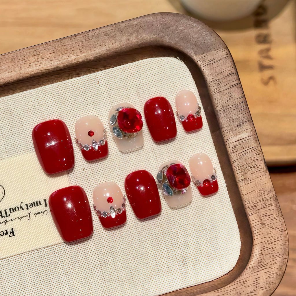 365nails: "Crimson Bloom" – 3D Floral Rhinestone Handmade Short Square Nails