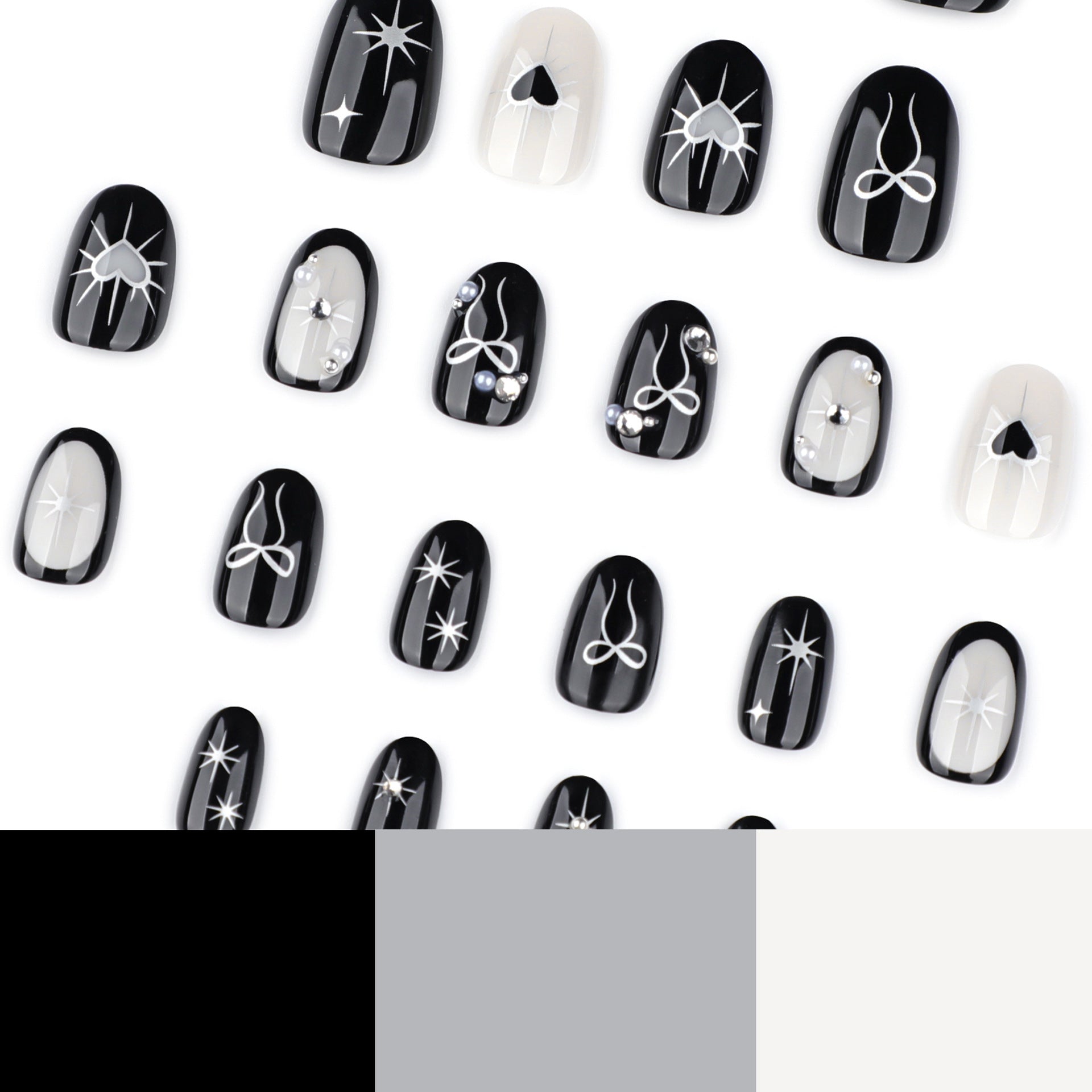 Black and White Heart Bow Nails with Pearl Accents
