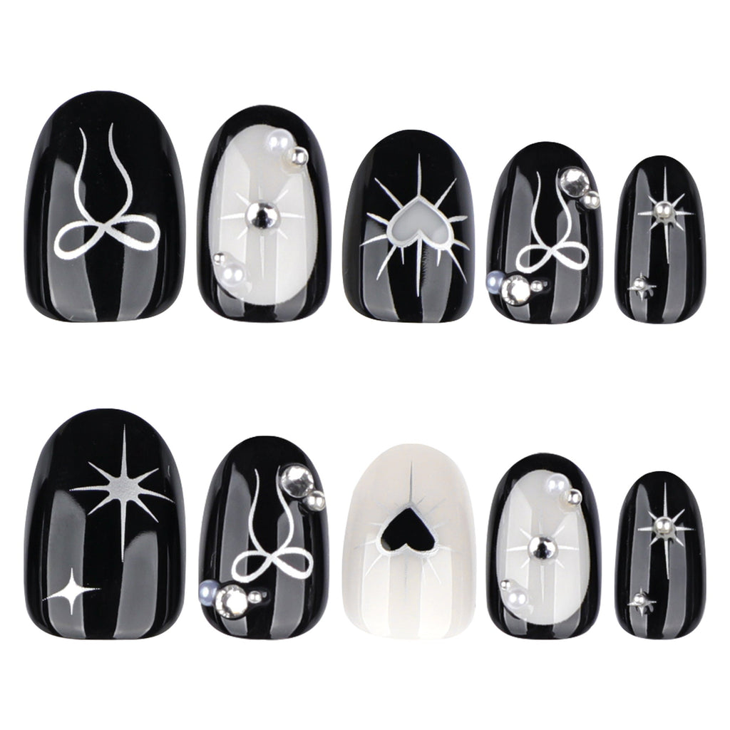 Black and White Heart Bow Nails with Pearl Accents