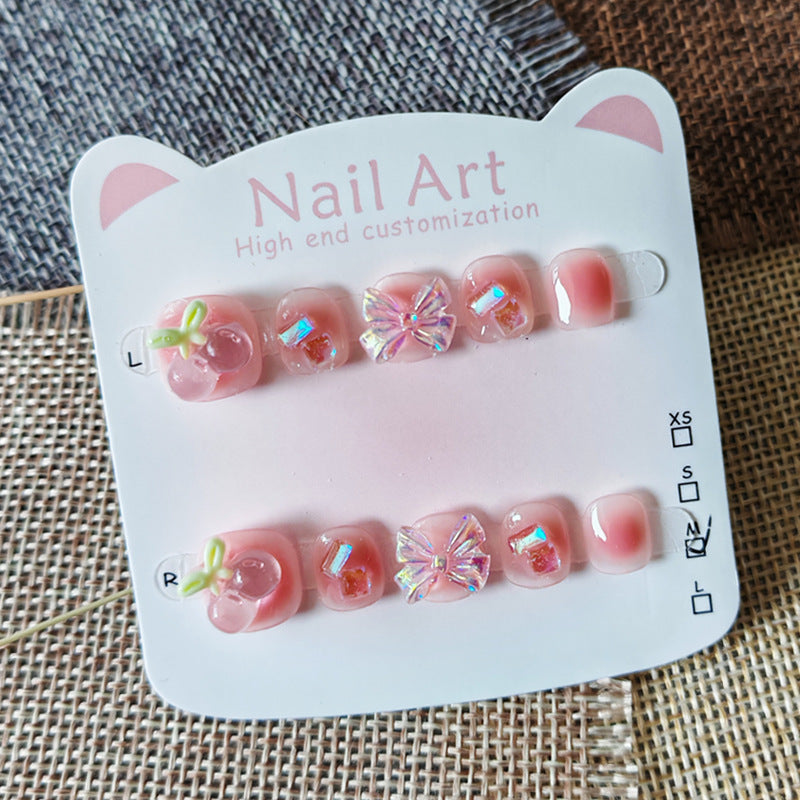 365nails: "peach jelly cherry bow" – short handmade kids press-on nails