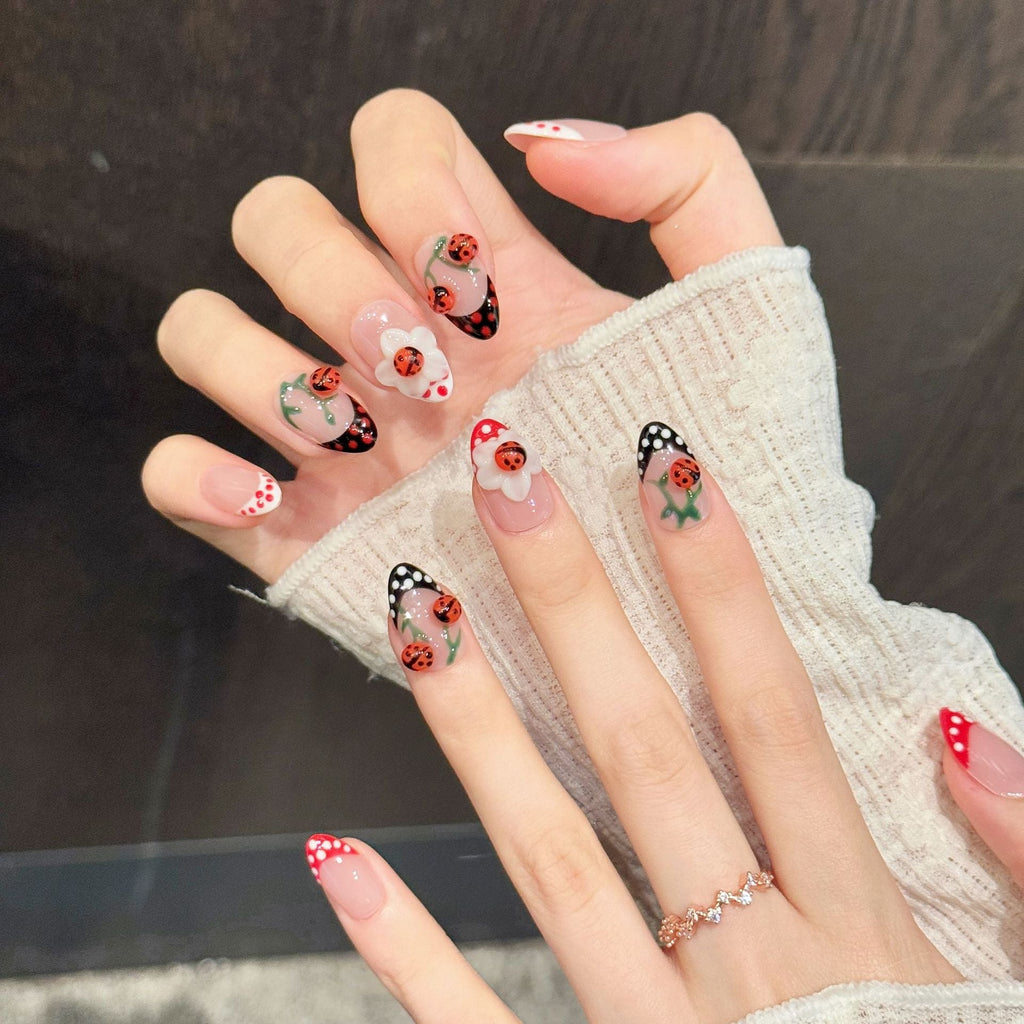 365nails: "Ladybug Garden" – 3D Ladybug & Floral Handmade Short Almond Nails