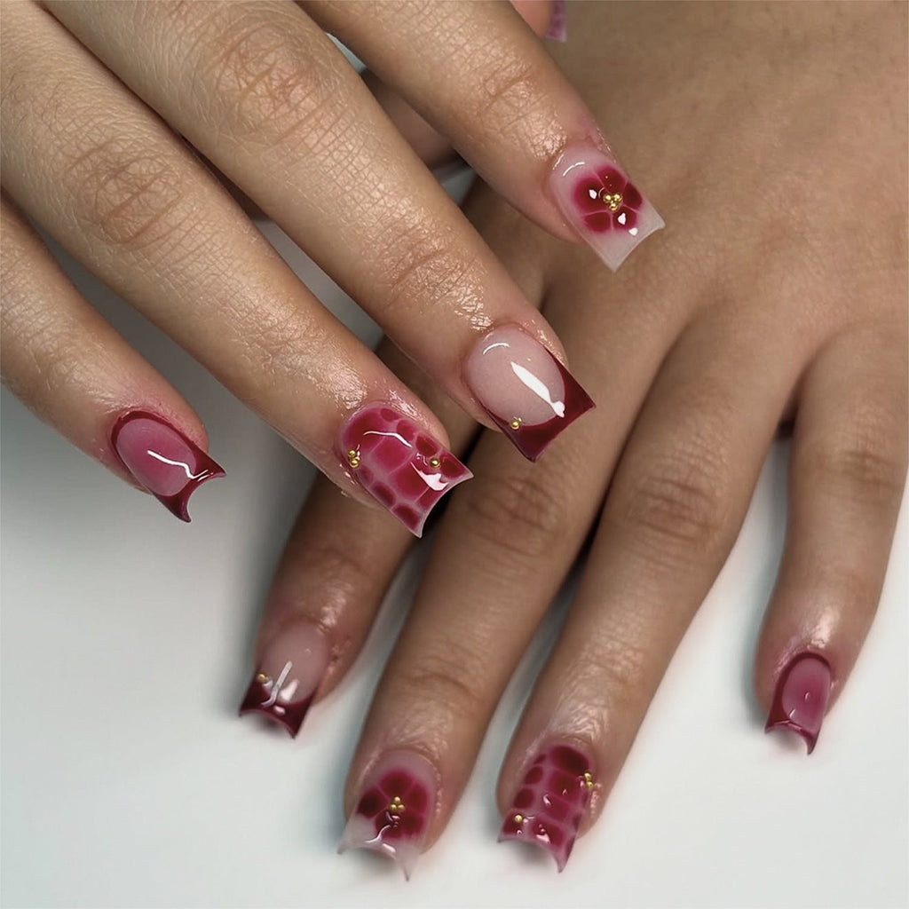 365nails: "Burgundy French Floral Square" – Ombre & Checker Press-on Nails