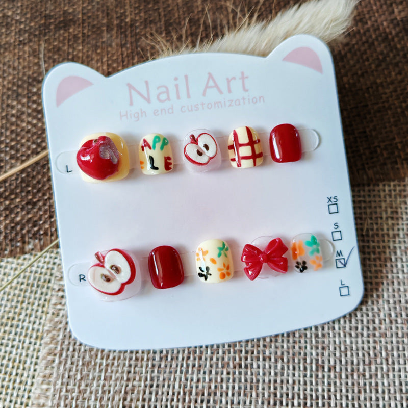 365nails: "cheerful red apple" – short round handmade kids press-on nails