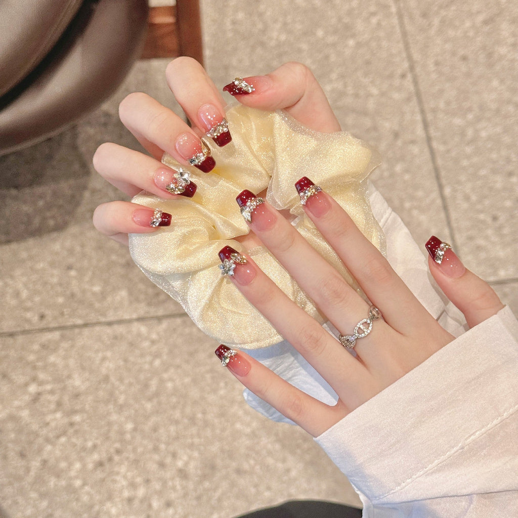 365nails: "Velvet Crush" – Gradient French & Crystal Embellished Handmade Square Nails