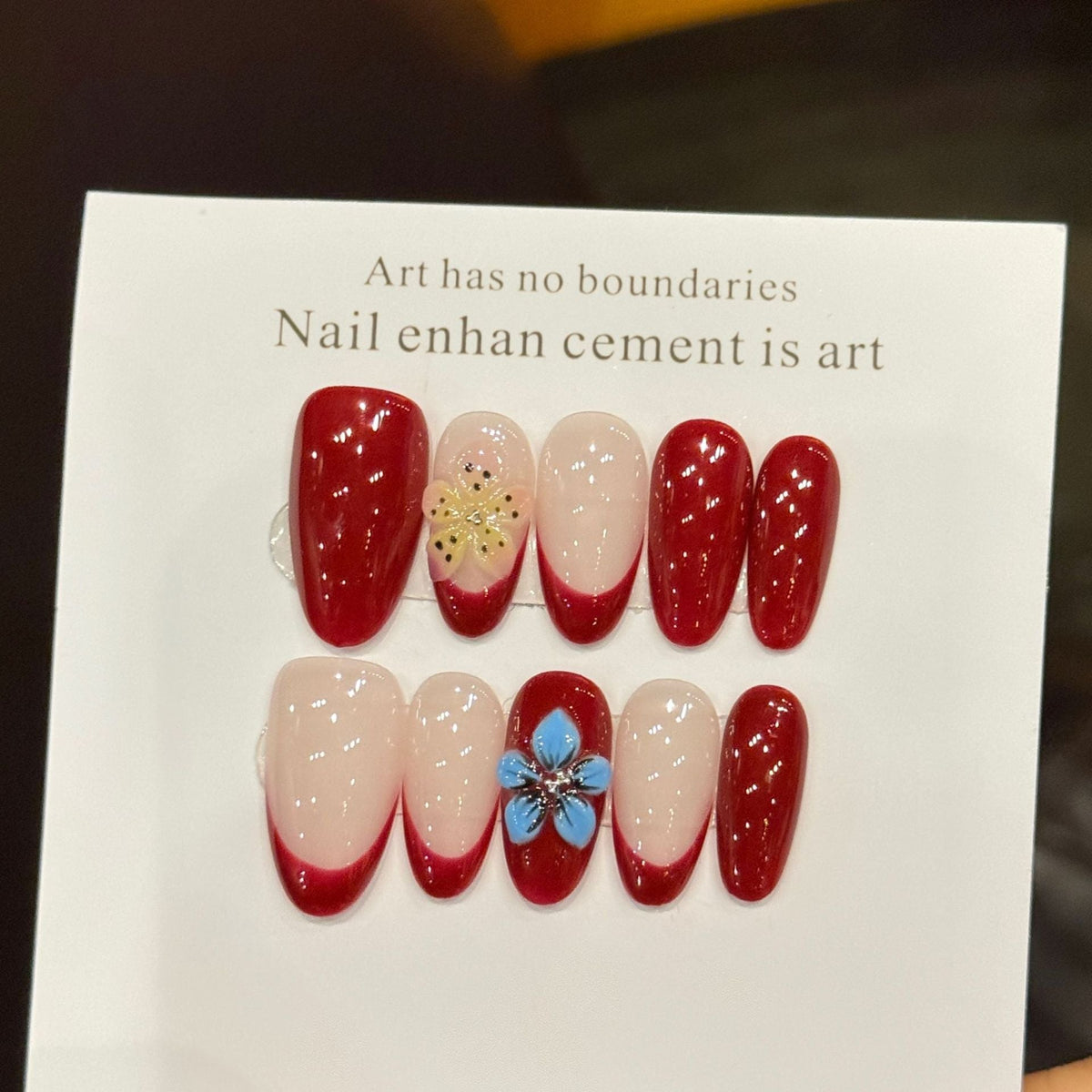 365nails: "Crimson Bloom" – 3D Floral French Tip Handmade Almond Nails