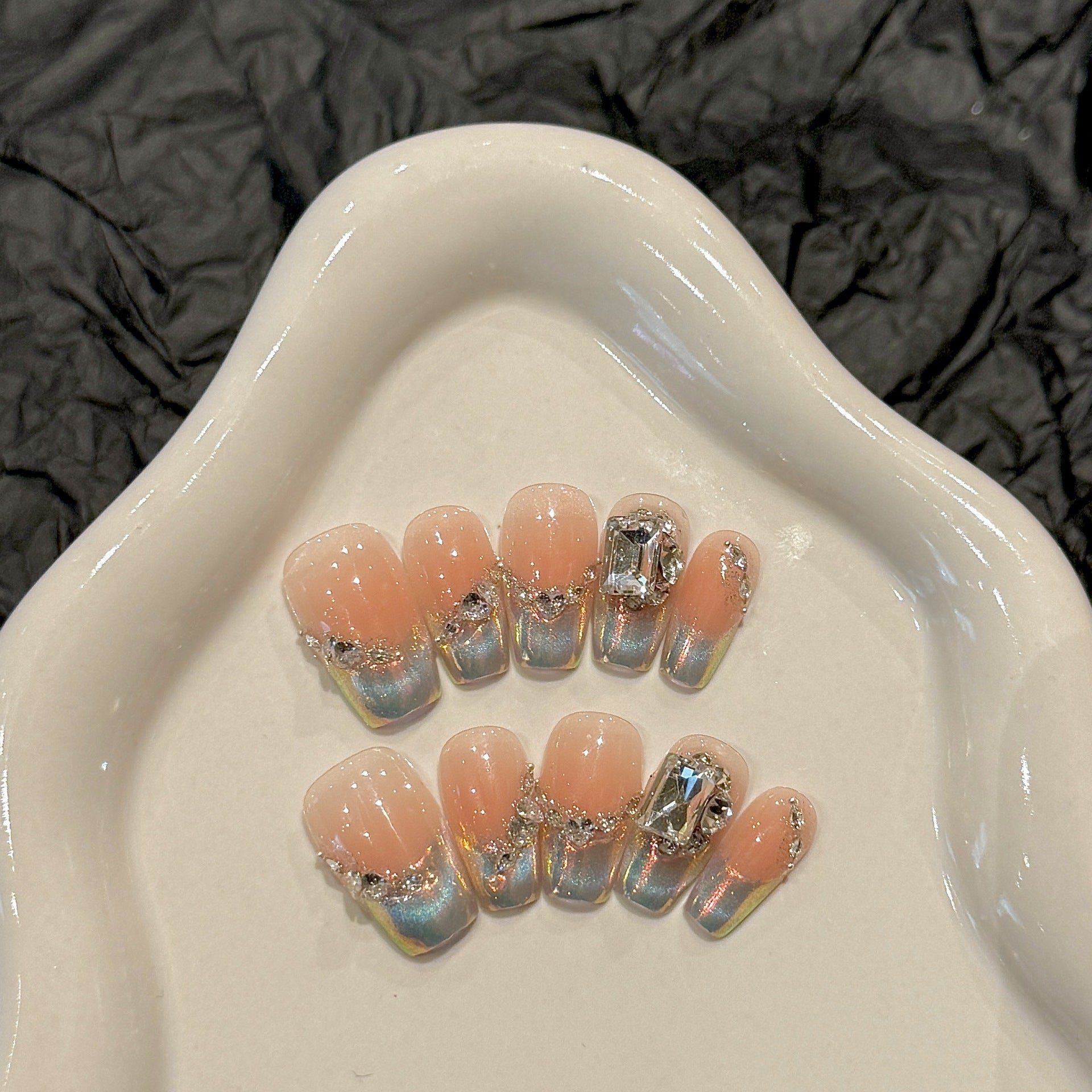 365nails: "Ethereal Bloom" – Iridescent French Tip & Crystal Handmade Almond Nails