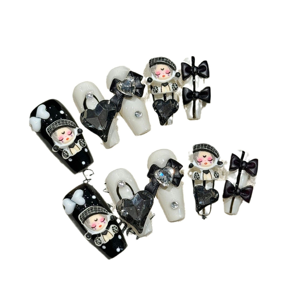 365nails: "Dark Pop Queen" – 3D Doll & Heart Charm Handmade Medium Coffin Nails
