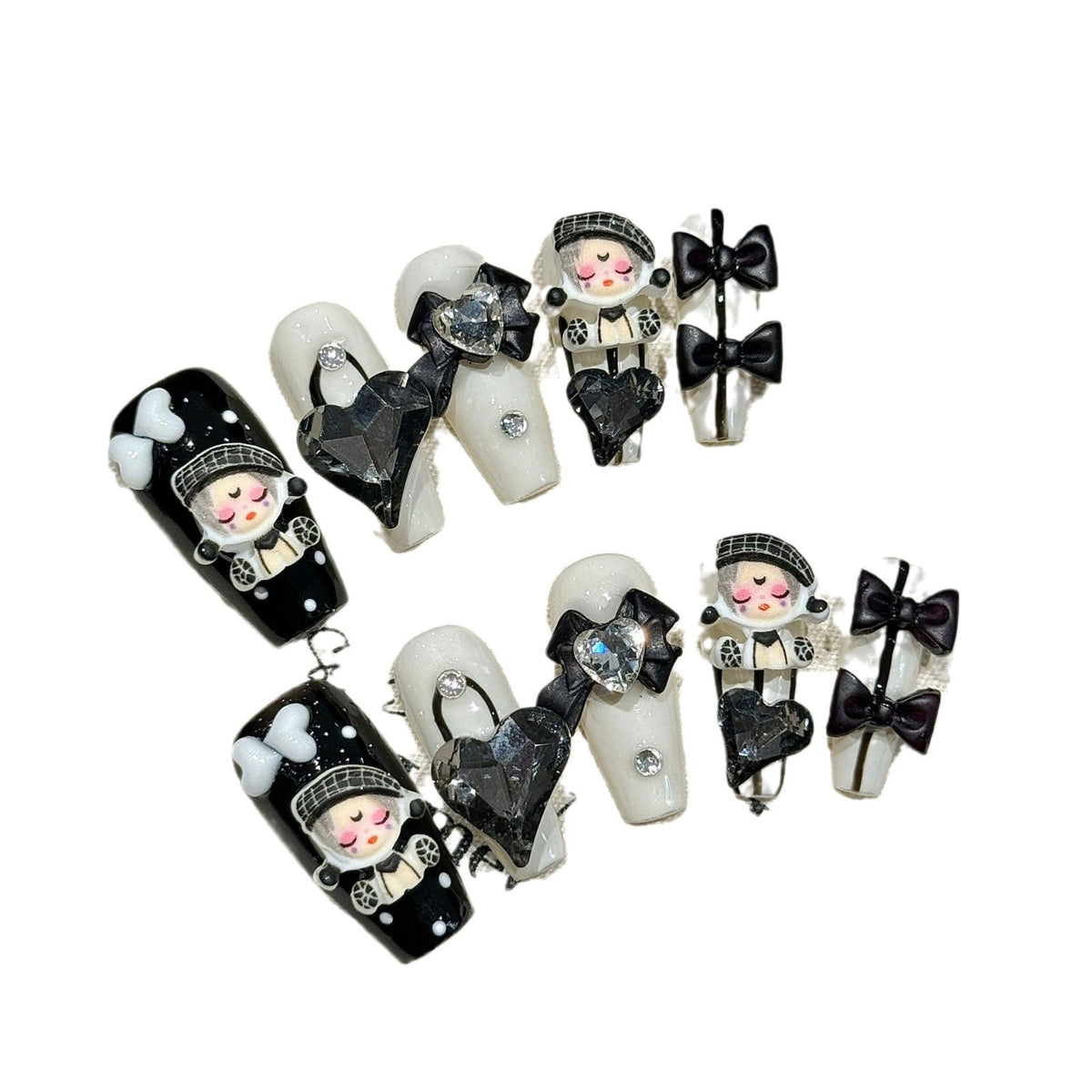 365nails: "Dark Pop Queen" – 3D Doll & Heart Charm Handmade Medium Coffin Nails