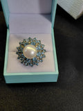 925 Sterling Silver Pearl and Blue CZ Ring