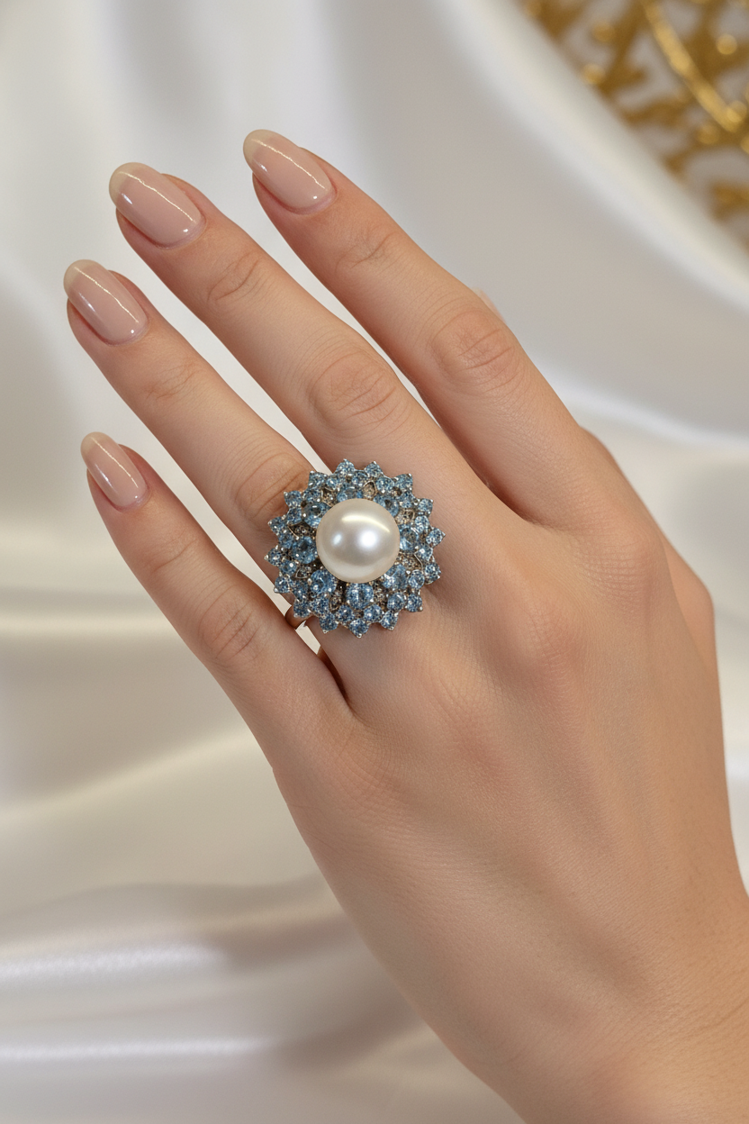 925 Sterling Silver Pearl and Blue CZ Ring