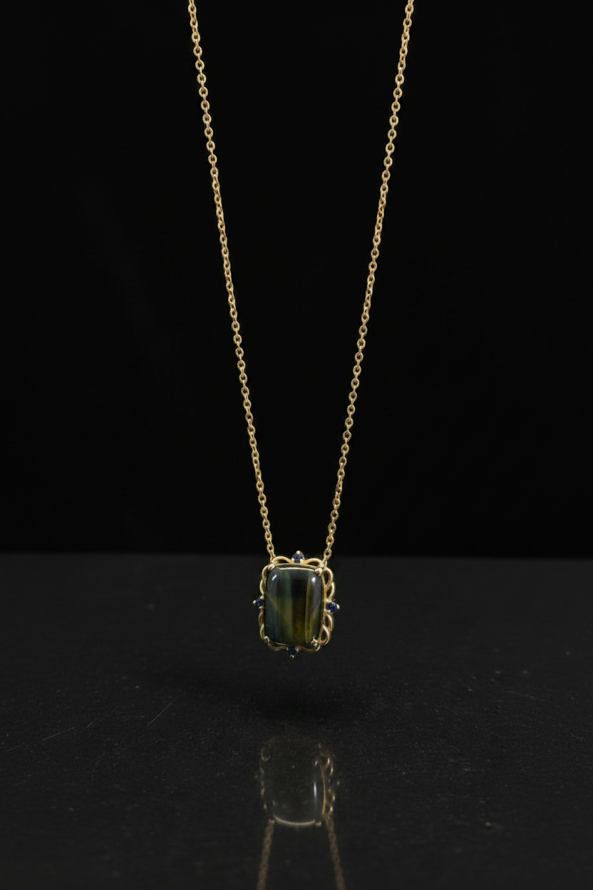 14k Tigers Eye and Sapphire Pendant